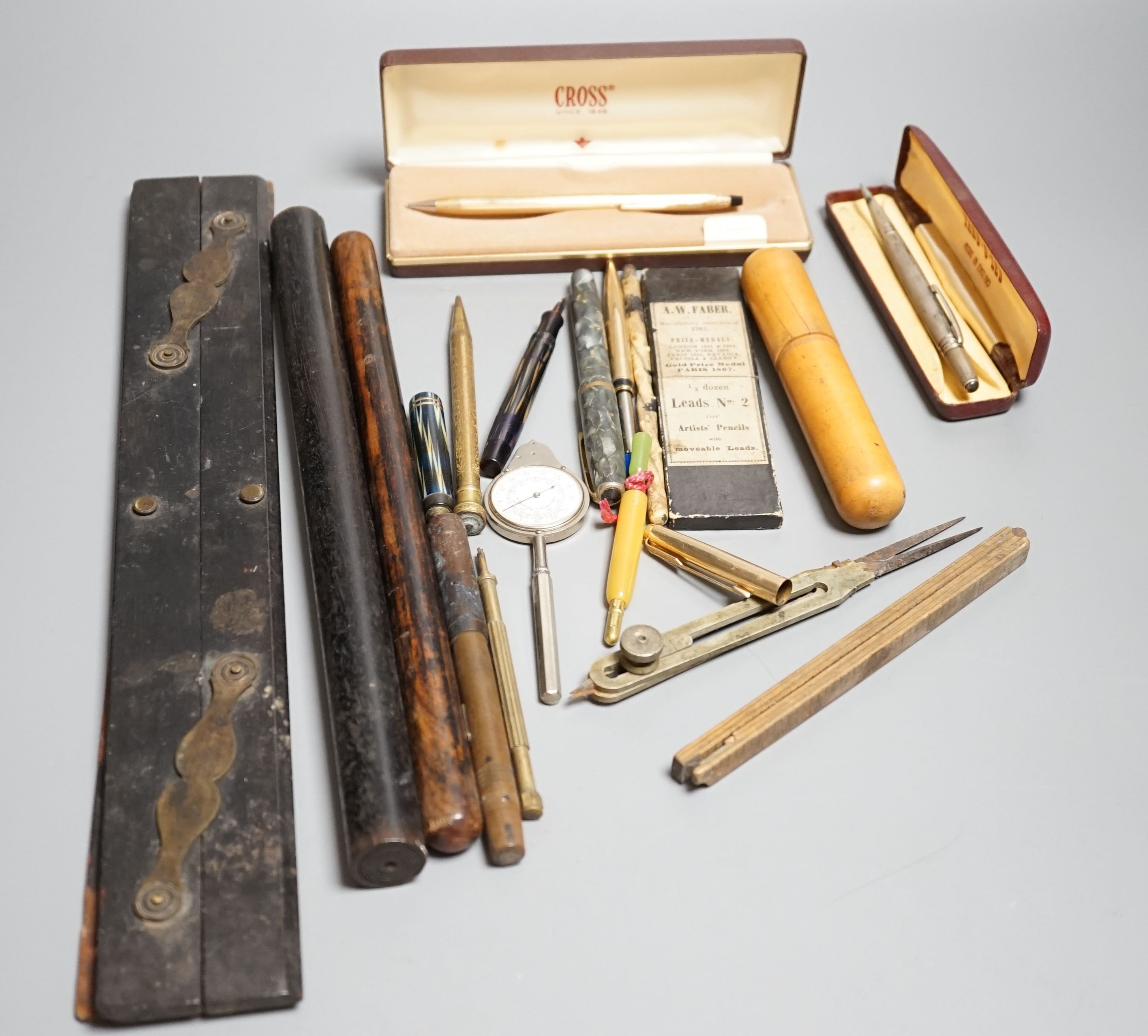 Various rules, protractors, cased spirit level etc, also to include various fountain pens, pencils